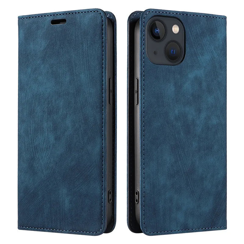 Magnetic flip phone case for iPhone in leather and TPU, shown in multiple colour options.
