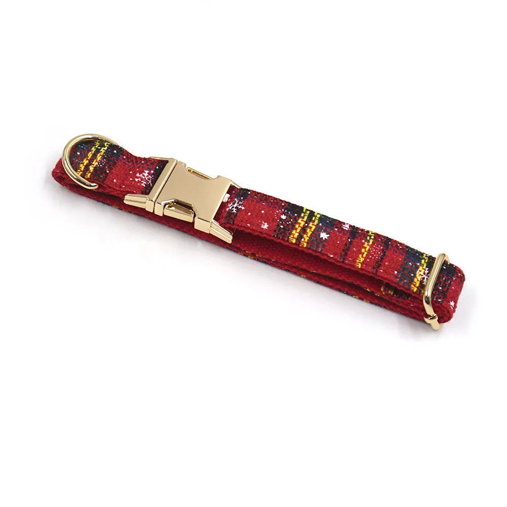 Red Christmas pet collar and harness set with matching leash, bow, and waste bag featuring laser-etched patterns