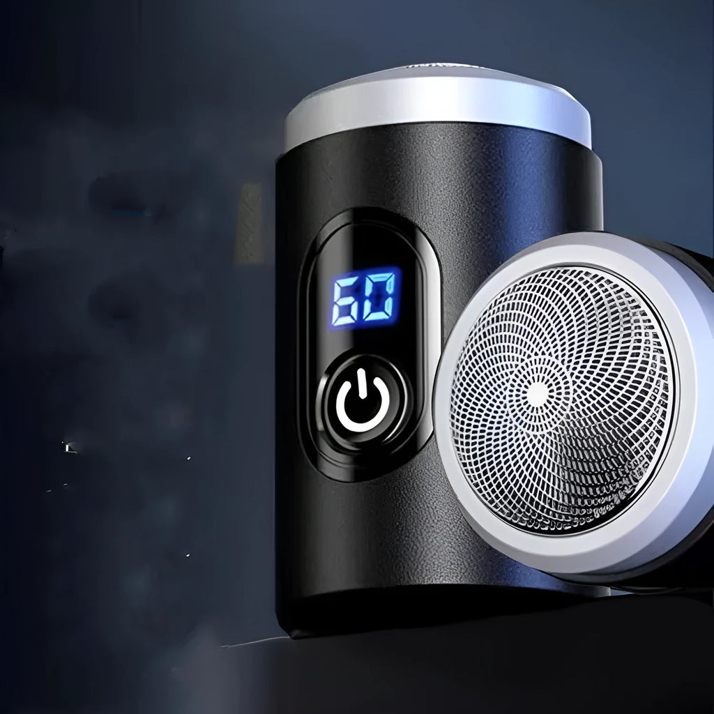 Black household mini portable rechargeable shaver with USB cable and cleaning brush on a white background.