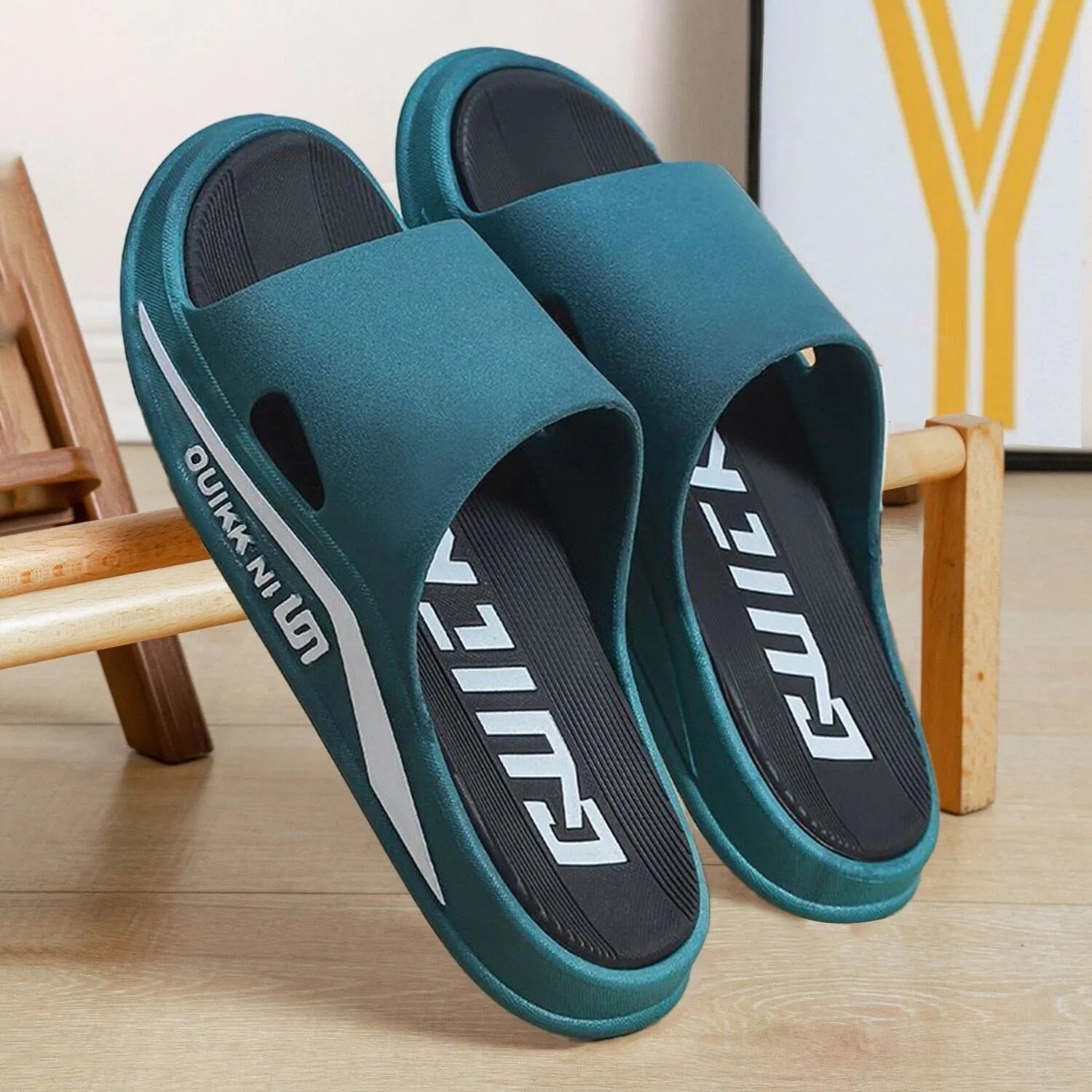 Summer cool PVC flip flops for men and women in green and black colour, soft sole outdoor sandals