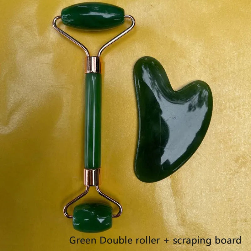 Two-piece resin gua sha roller set for face massage in black, pink, and green jade handle options