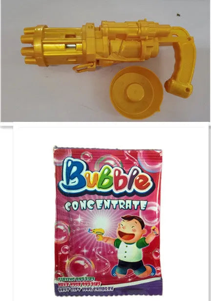 Children's ABS plastic bubble gun machine in pink with trigger and bubble head, used as a toy for outdoor parties