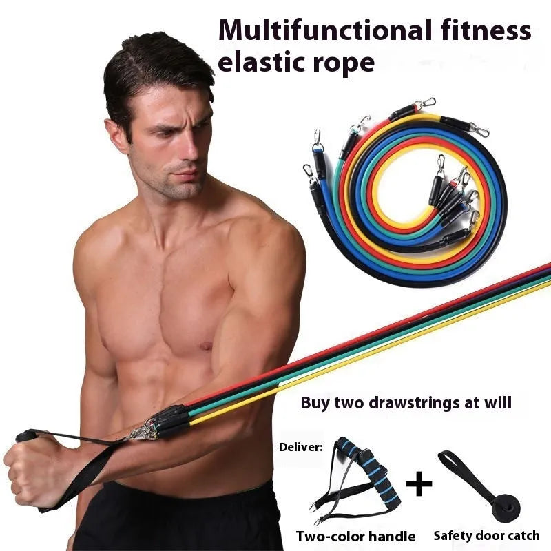 Multi-functional door sports 11-piece set with a combination pulling rope and hook options on a door.