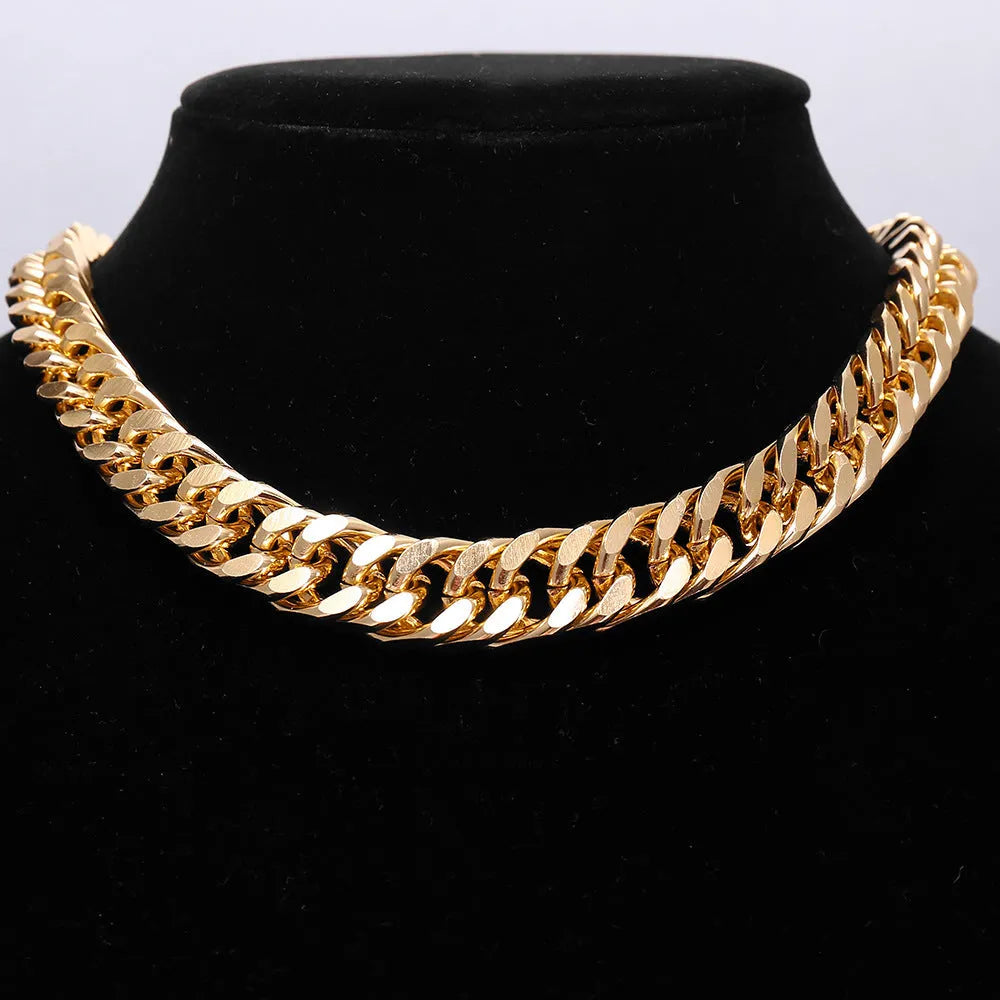 Gold thick chain necklace for women, 32cm long with 6cm wide links.