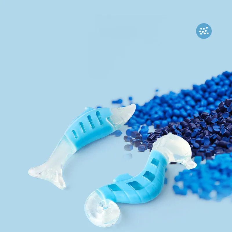 Two colourful PU nylon dog chew toys: a blue seahorse and an orange tuna.