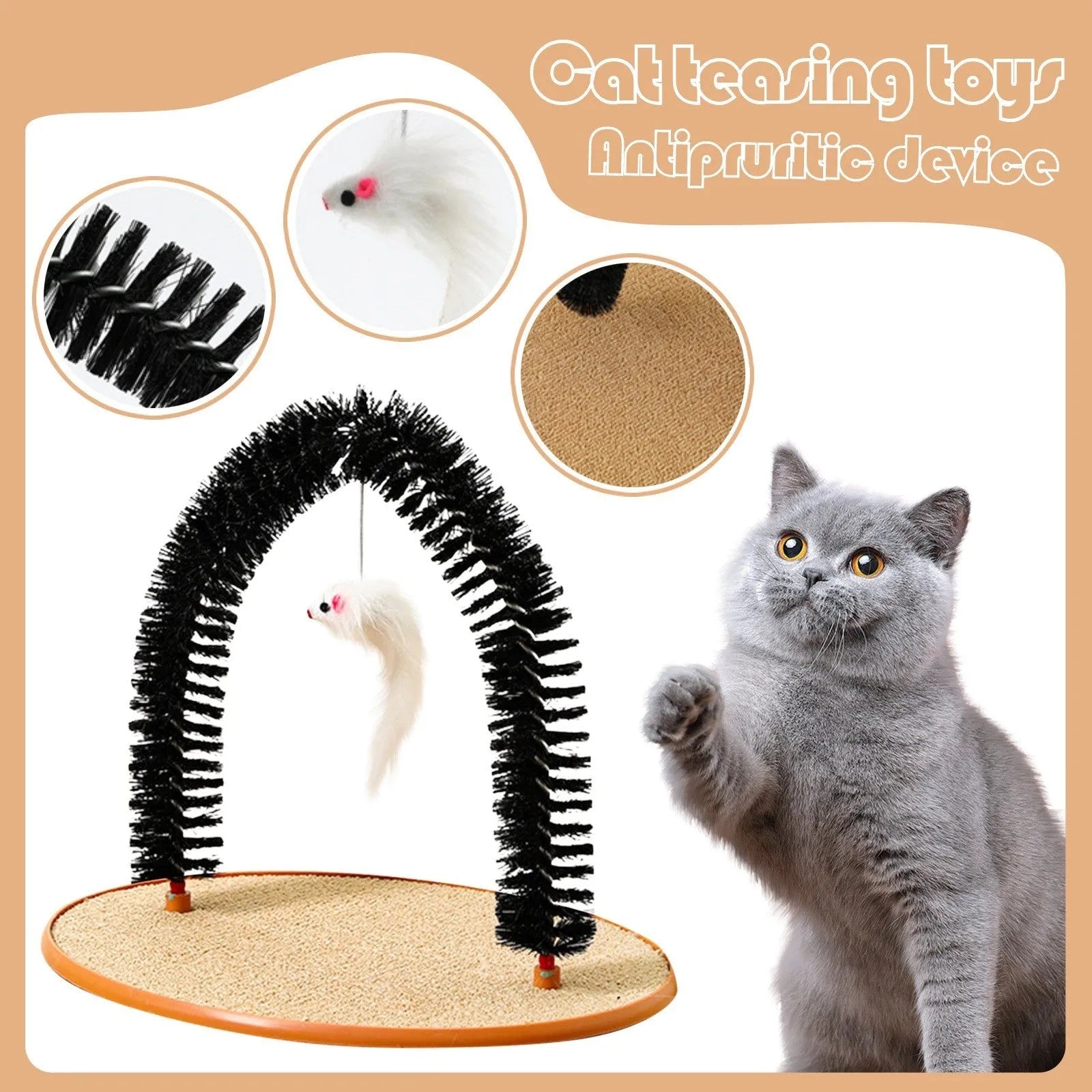 Black cat arch brush scratching post with attached plush mouse toy on non-slip base