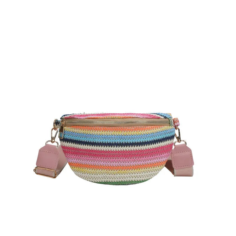 Blue bohemian straw beach bag with shoulder strap and shell shape design