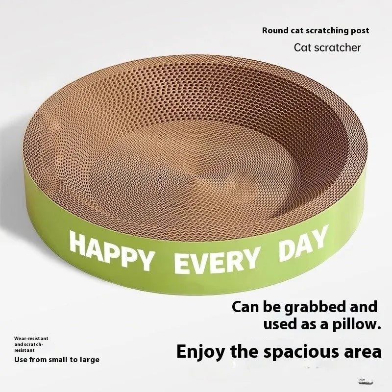 Green round cat nest with integrated scratching board, shown in 50cm and 55cm size options.