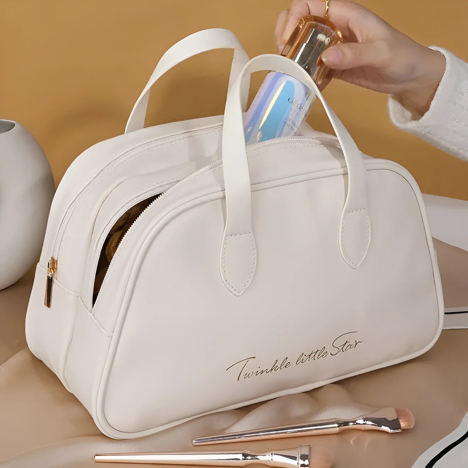 PU leather travel toiletry bag with dry-wet separation compartment in caramel mocha colour