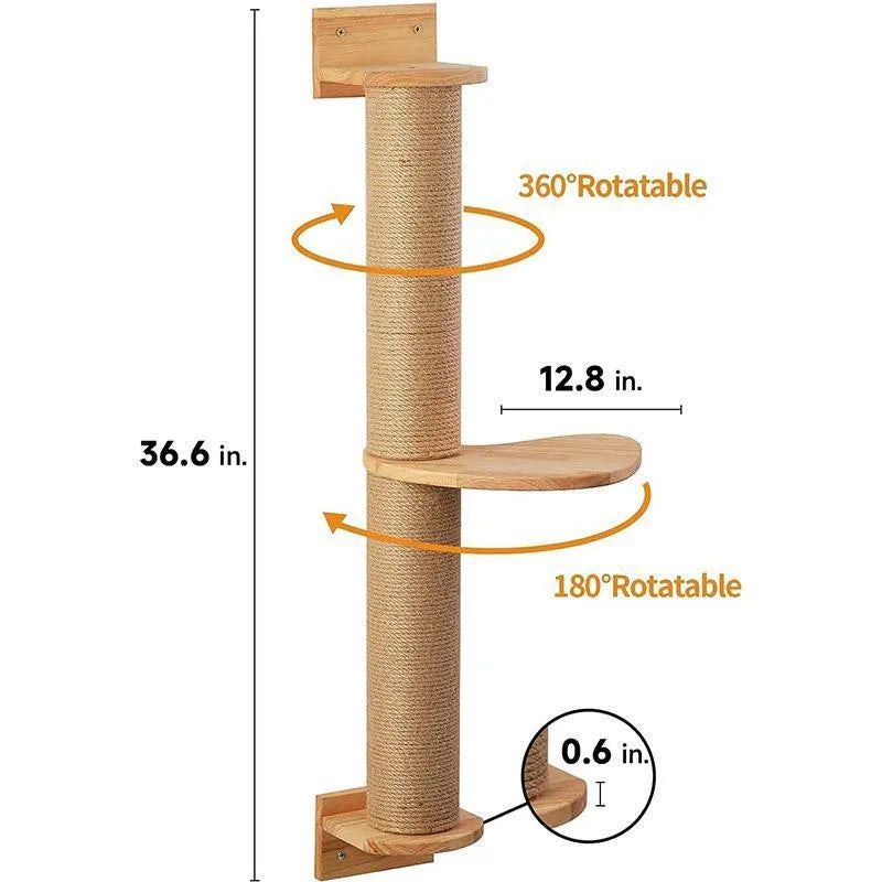 Wooden wall-mounted cat climbing frame with sisal rope scratching posts and khaki fabric panels