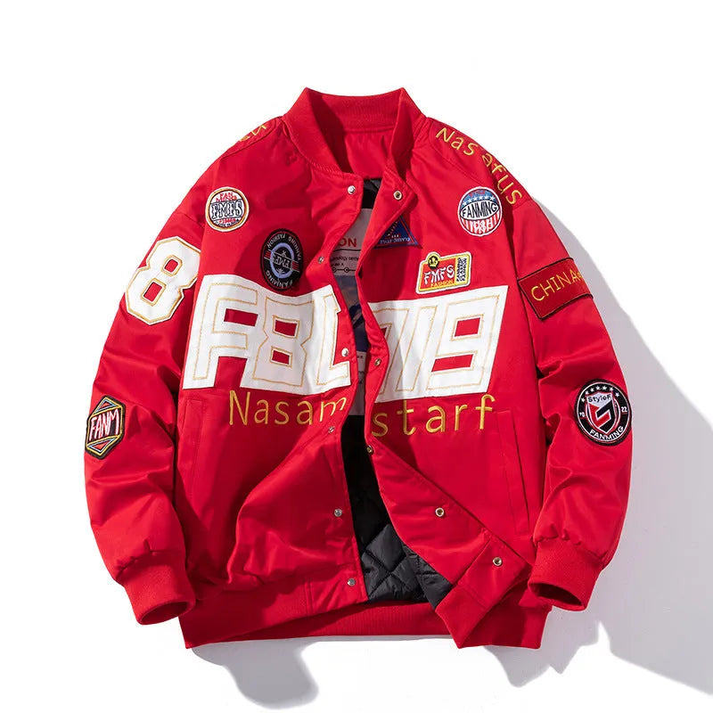 Black American motorcycle-style baseball uniform jacket with side pocket and detachable hood.