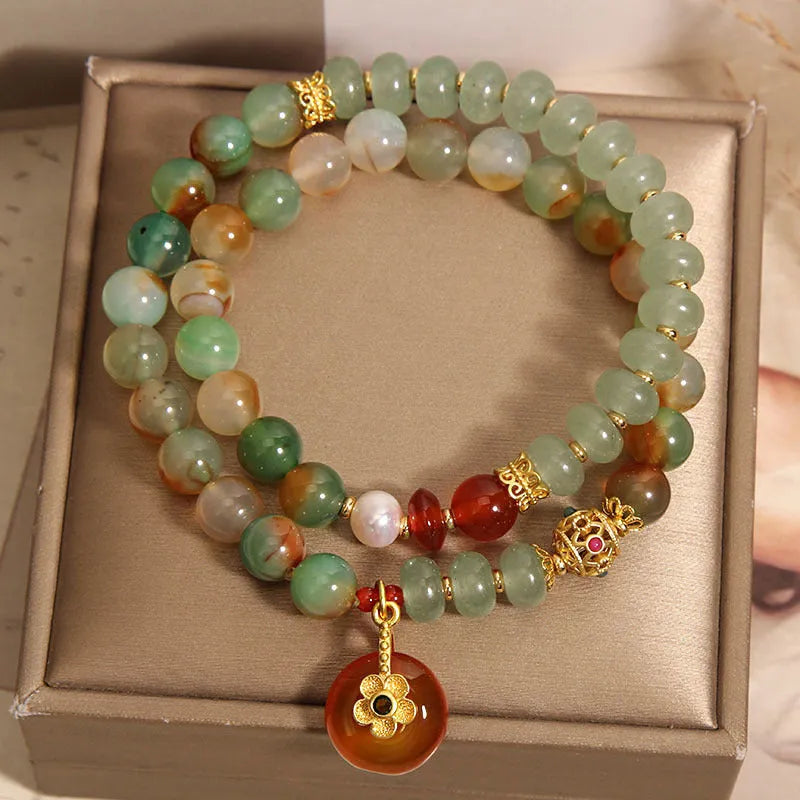 Peacock green agate double ring bracelet with safety buckle clasp and rhinestone decorative elements