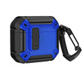Plastic clamshell protective case for AirPods with an attached hook in two-tone black and yellow.