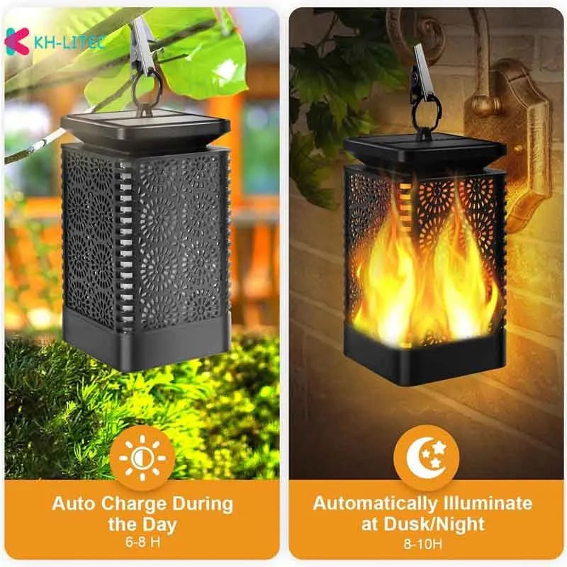 Four black solar-powered hanging lanterns with flame effect LED for garden decoration
