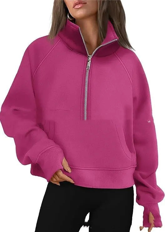 Women's loose lapel fleece-lined sweater in apricot colour with raglan sleeves