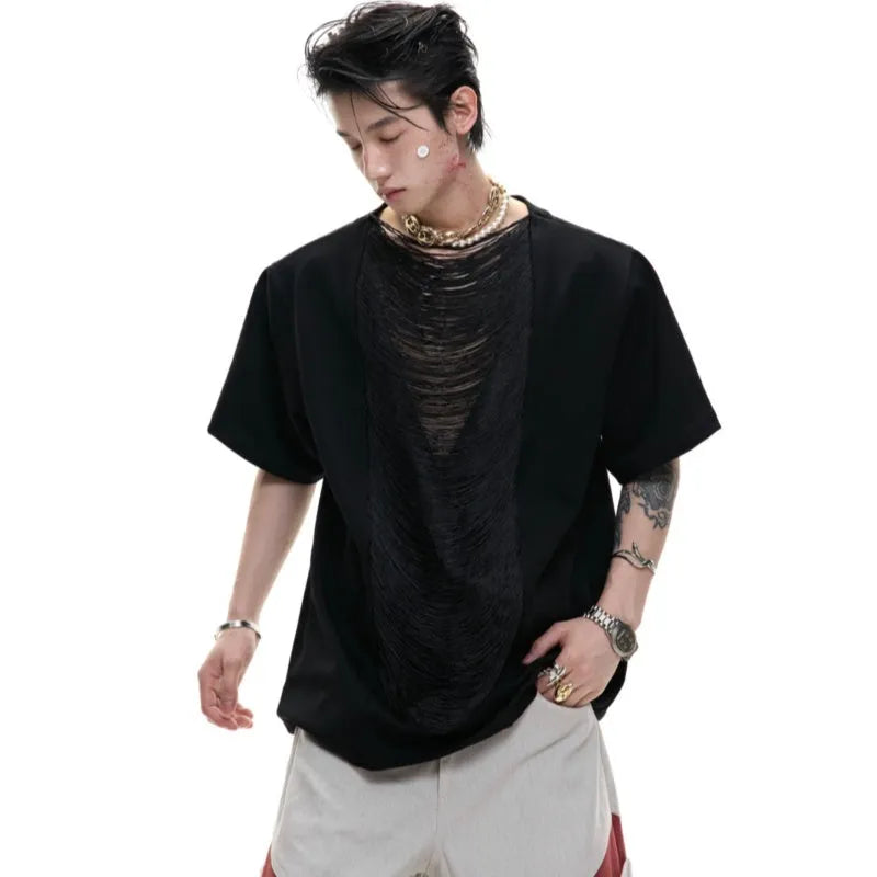 Men's black V-neck loose fit t-shirt with short sleeves and tassel detail