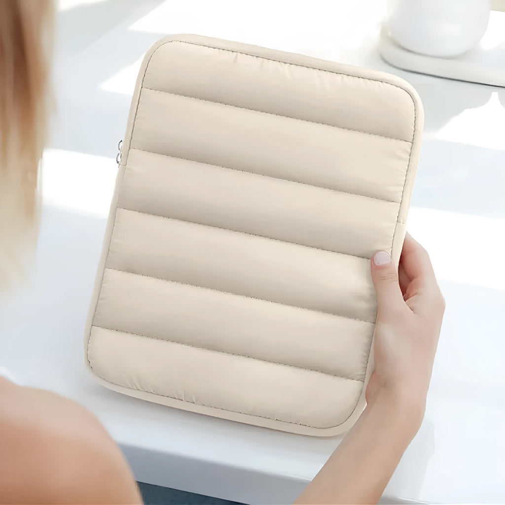 Fluffy air puff laptop sleeve with elastic sides for 9.7 to 11 inch devices in black, khaki, or silver