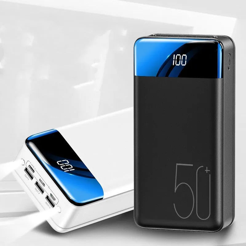 Black large capacity 50000mAh power bank showing three USB output ports on a white background.