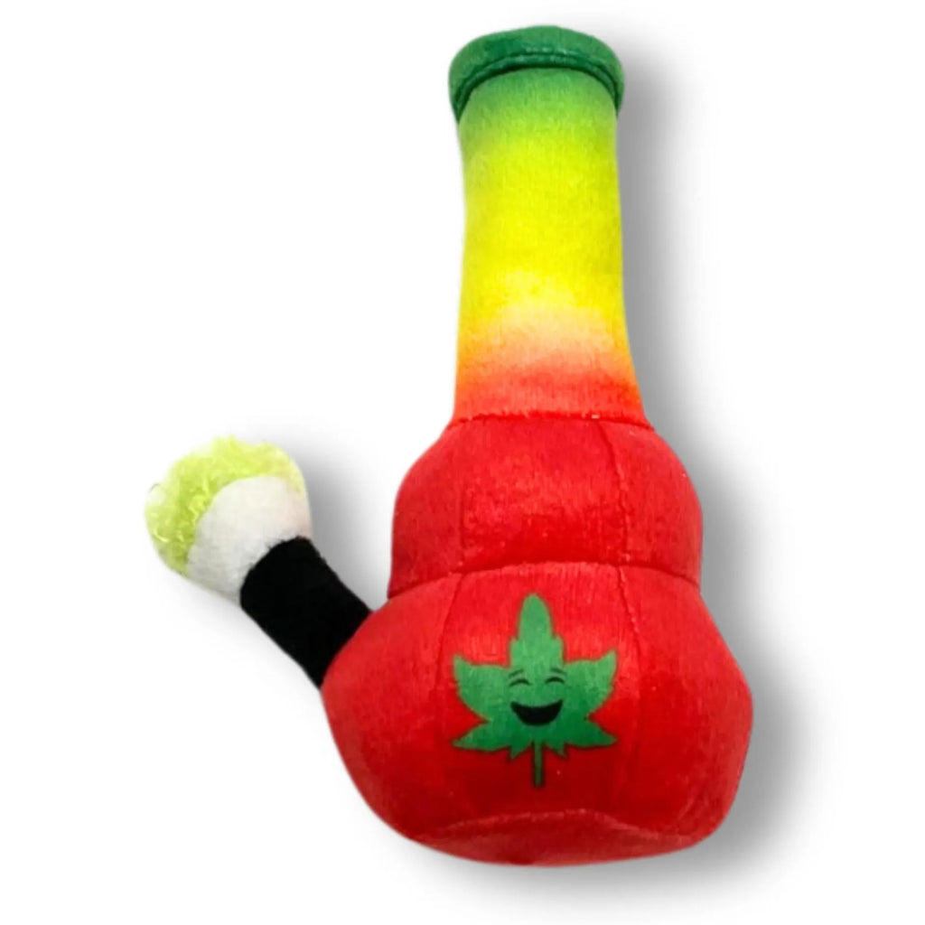 24cm kettle-shaped dog plush toy with colourful printed patterns and squeaker