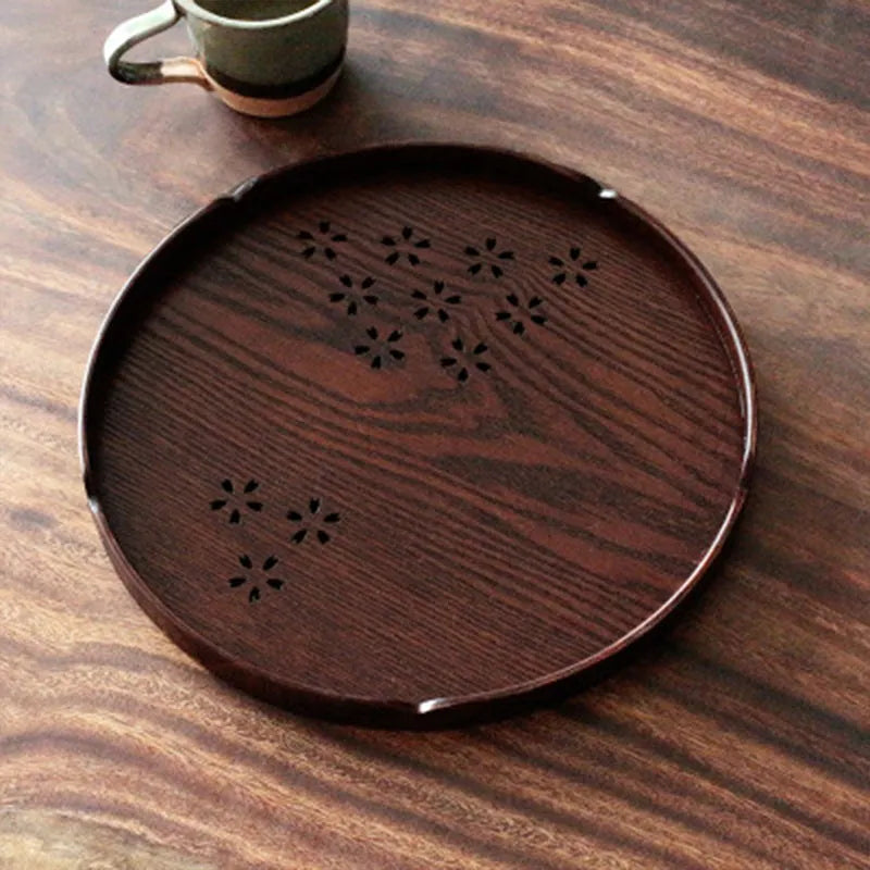 30cm round wooden plate with hollow cherry blossom design and 2cm shallow depth