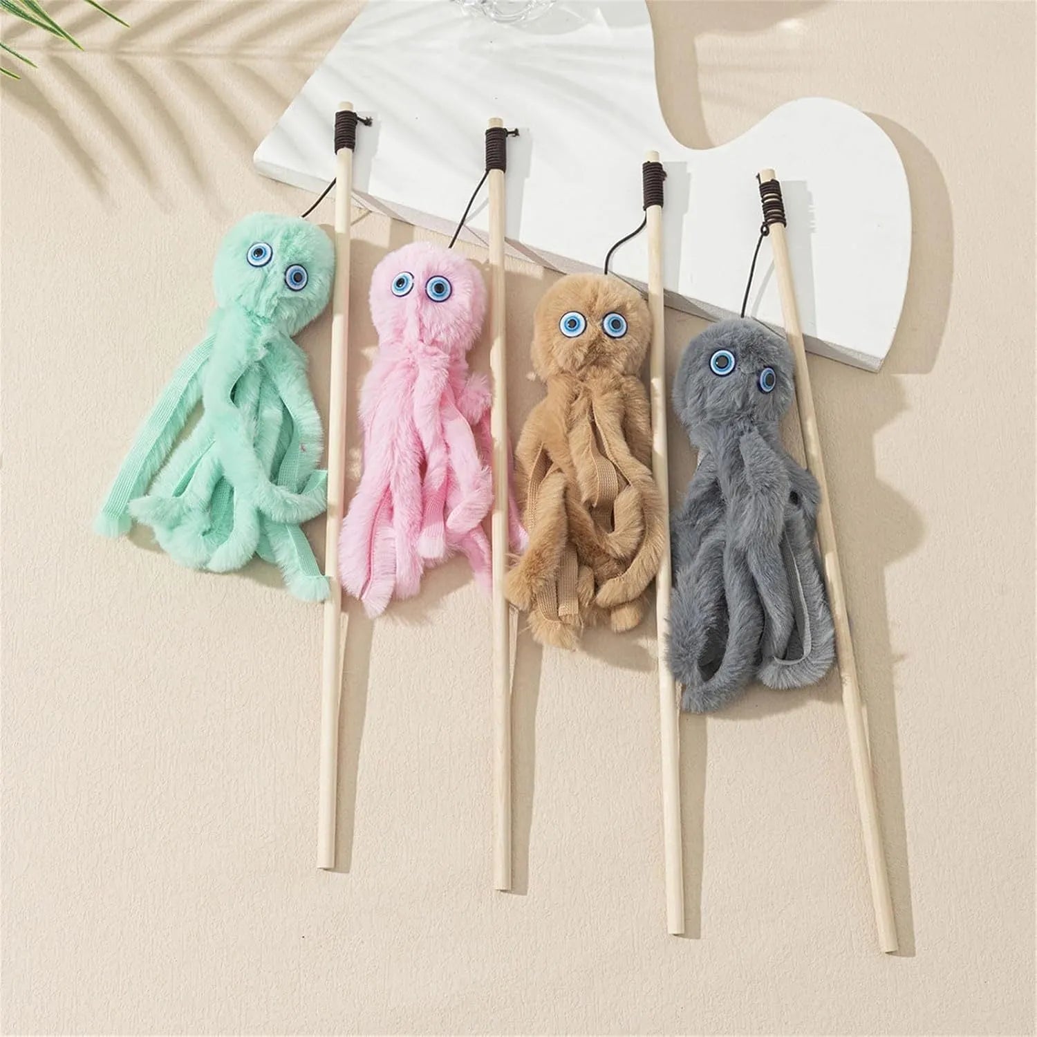 Long stick cat toy with octopus plush in grey, pink, purple or red colours, 40cm length