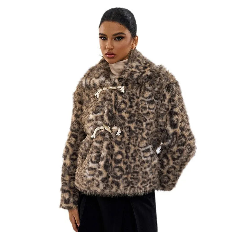 Women's leopard print polyester coat with regular sleeves in street fashion style