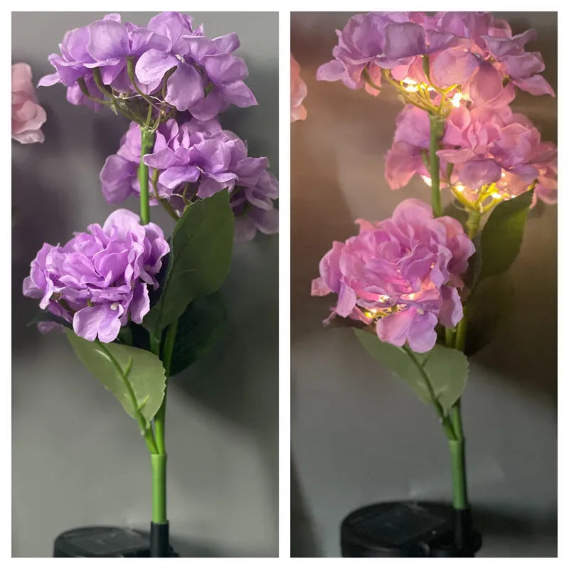 Solar hydrangea garden lights with plant-shaped design and floor outlet base in outdoor setting