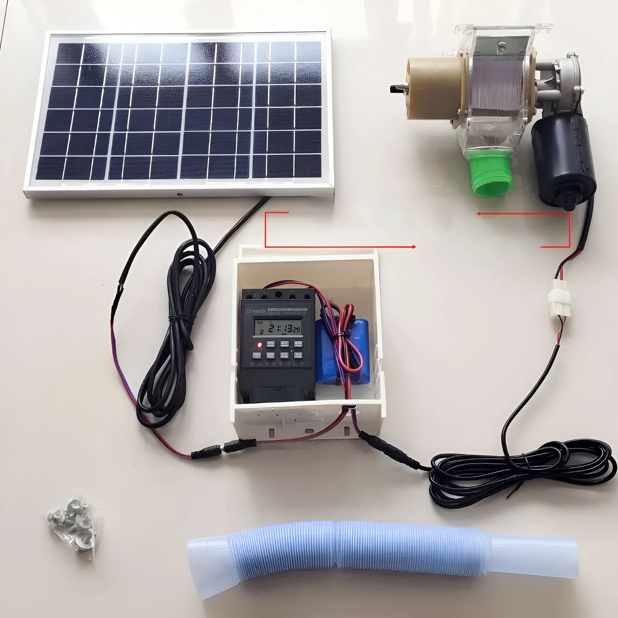 Solar panel automatic chicken and duck feeding machine with timer display and watertight casing.