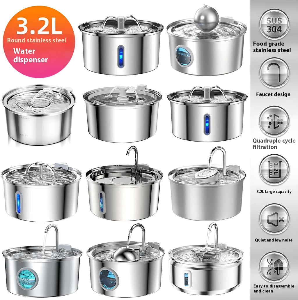 Stainless steel round pet water dispenser with 4 litre capacity and a faucet showing water level window.
