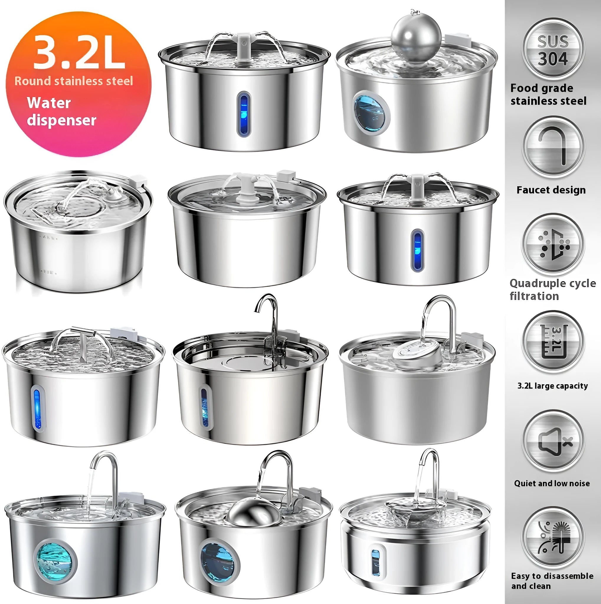 Stainless steel round pet water dispenser with 4 litre capacity and a faucet showing water level window.