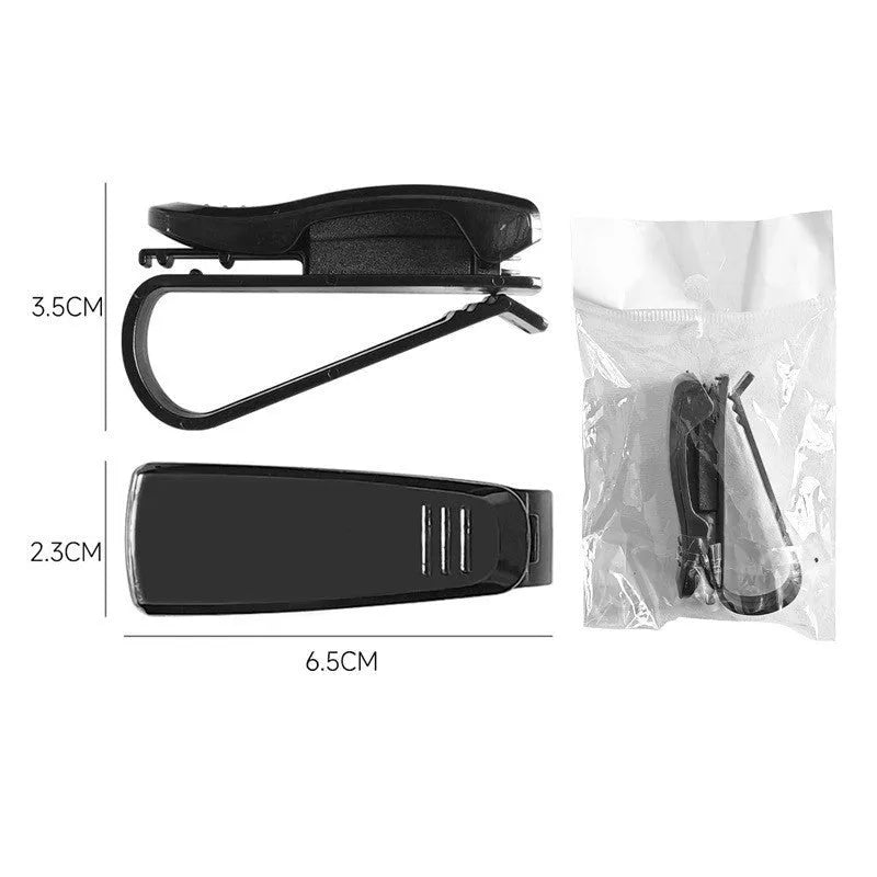 Black plastic clip for mounting glasses and cards on a car sun visor