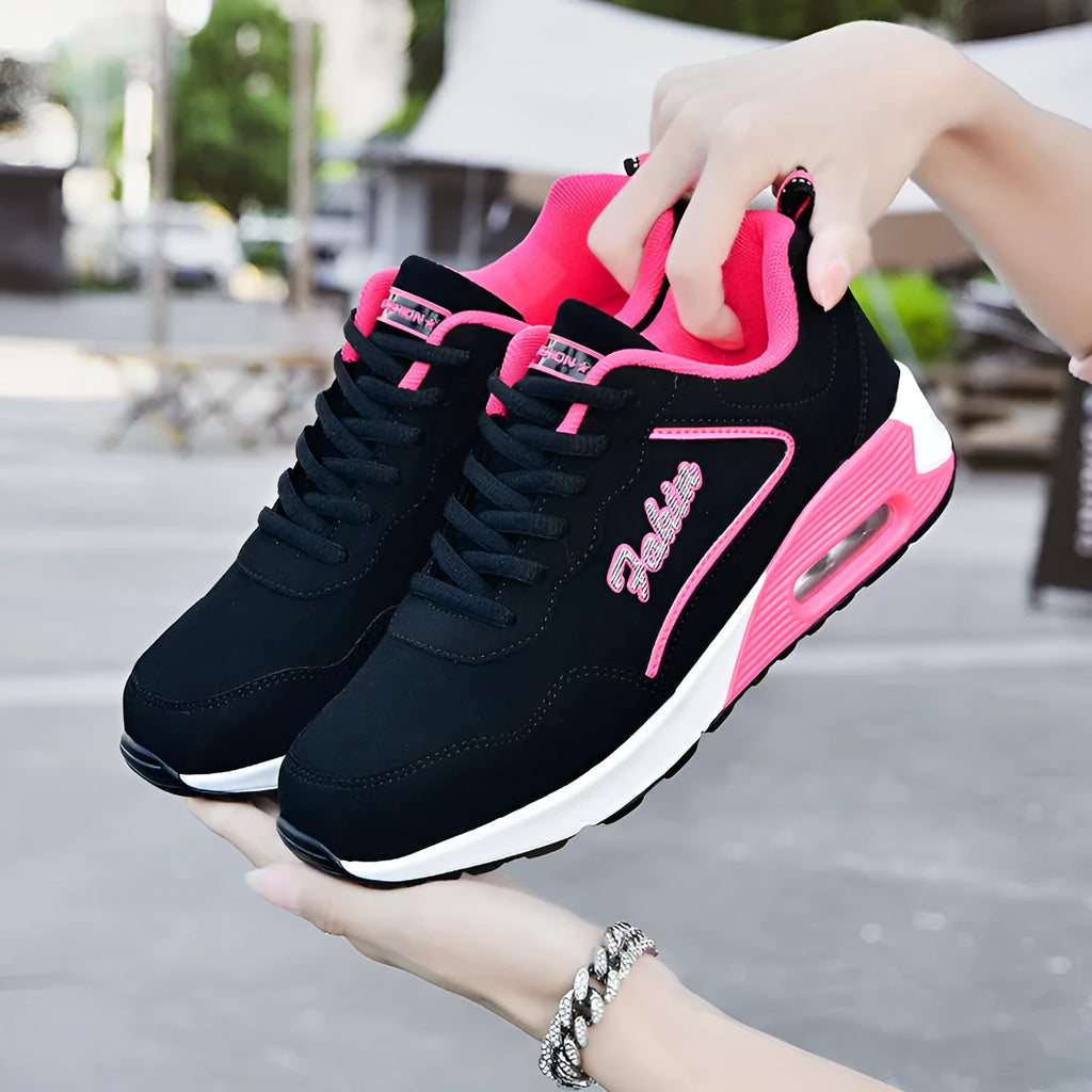 Women's plus size air cushion sports shoes, artificial leather, round toe, lace-up, low top, flat heel, in black pink colourway