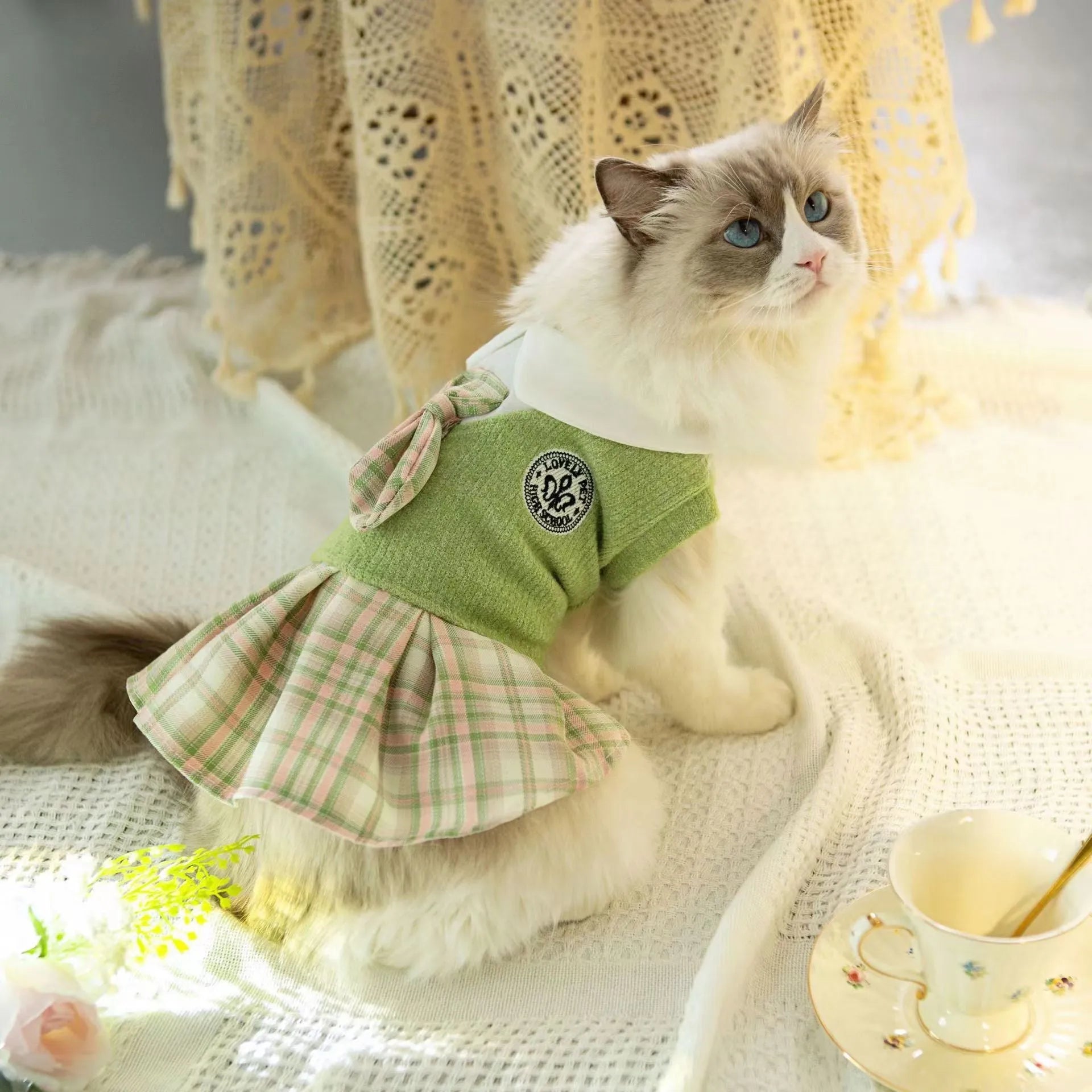 A pink, blue, or green tartan skirt for dogs or cats in a princess style.