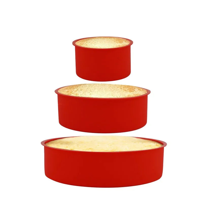 Red silicone round cake baking mould showing three size options for home baking