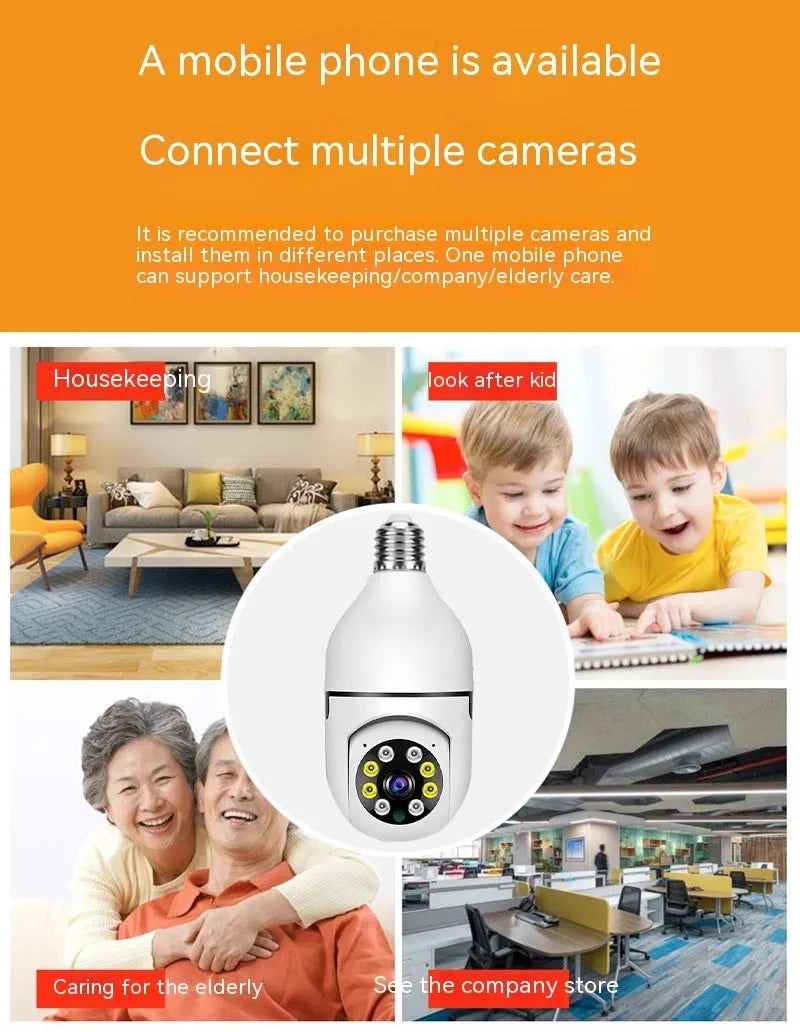 White wireless bulb security camera with a lens, shown next to a scale indicating its 5cm by 12cm dimensions.