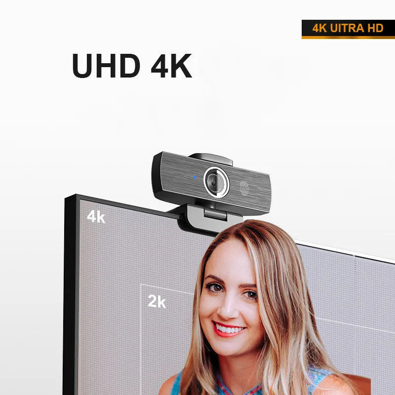 Black USB computer webcam with magnetic privacy cover, 8MP resolution, for video conferences