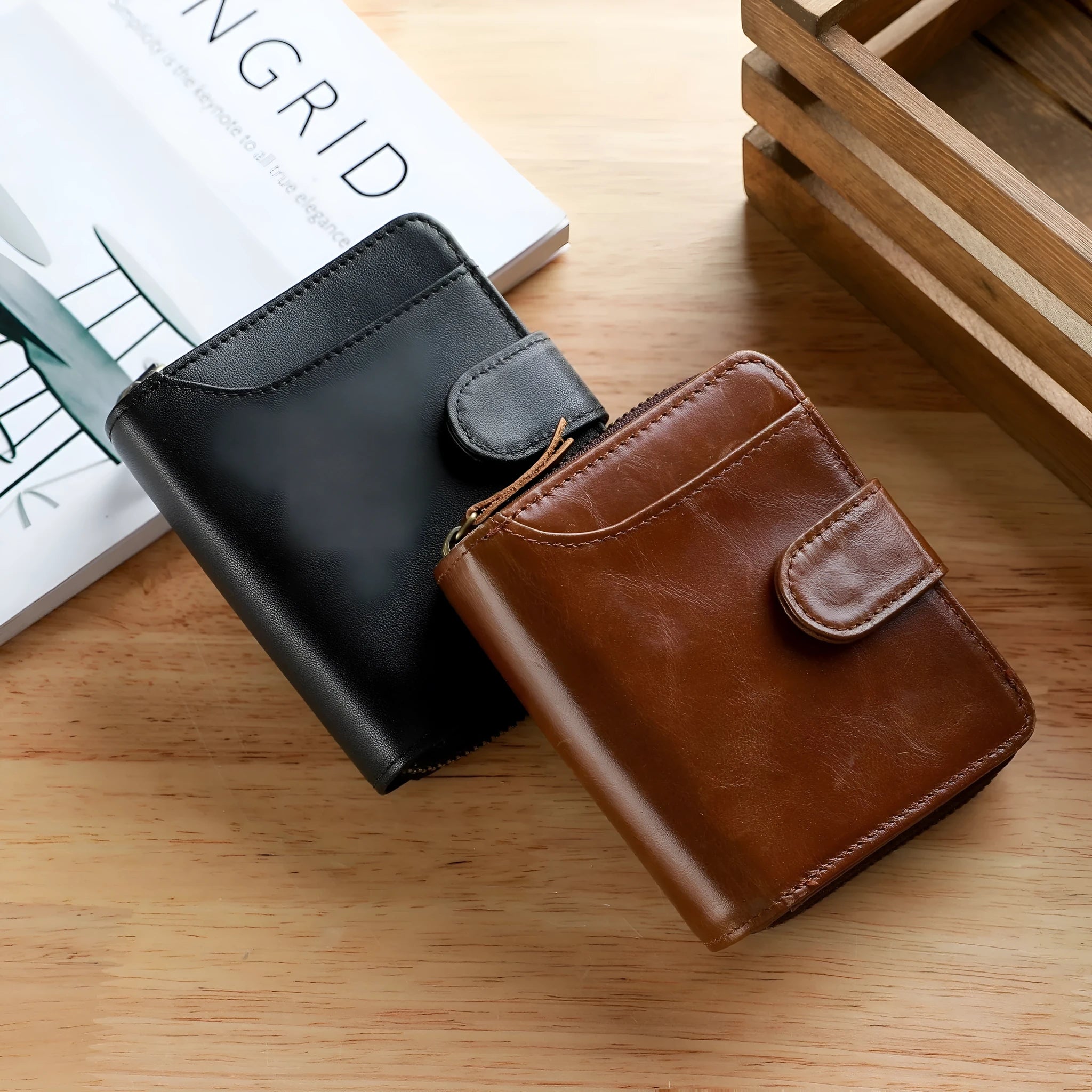 Genuine leather men's short wallet with multiple card slots in black colour