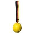 Yellow and camouflage coloured EVA floating dog balls with strings in three different sizes on a blue background.