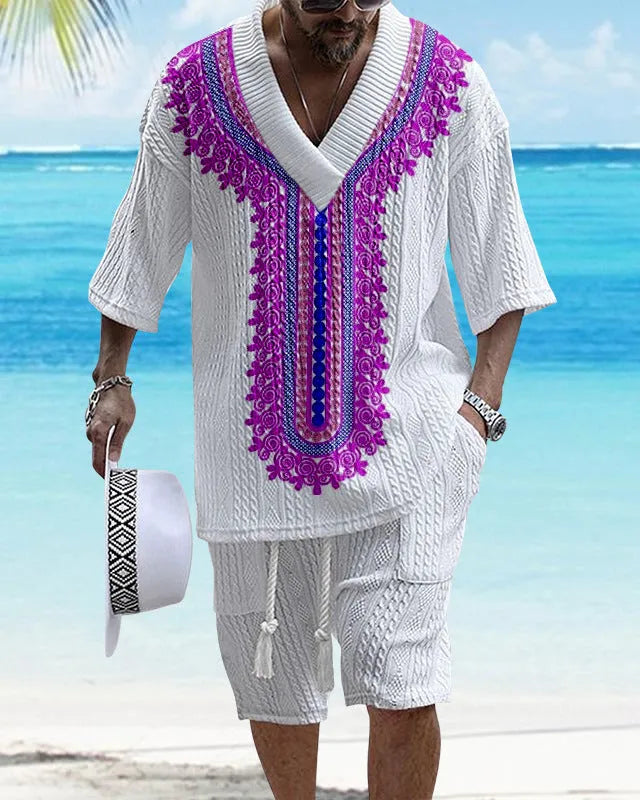 Men's printed drop-shoulder knitted short-sleeved top with matching shorts in polyester blend fabric