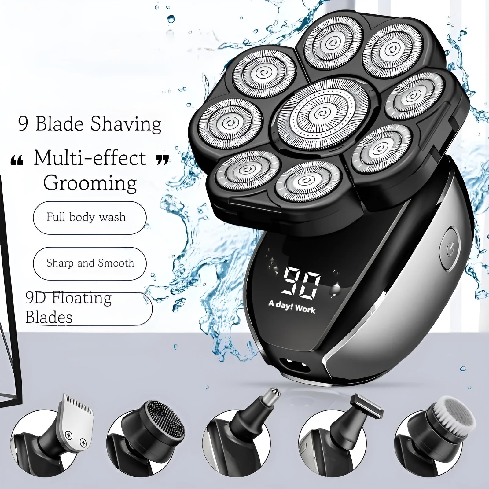Black 6-in-1 rechargeable multifunctional hair clipper kit with attachments laid out