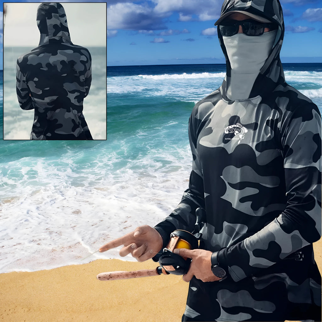 Men's grey fishing hoodie with long sleeves, mesh side panels, and crew neck design for outdoor sun protection