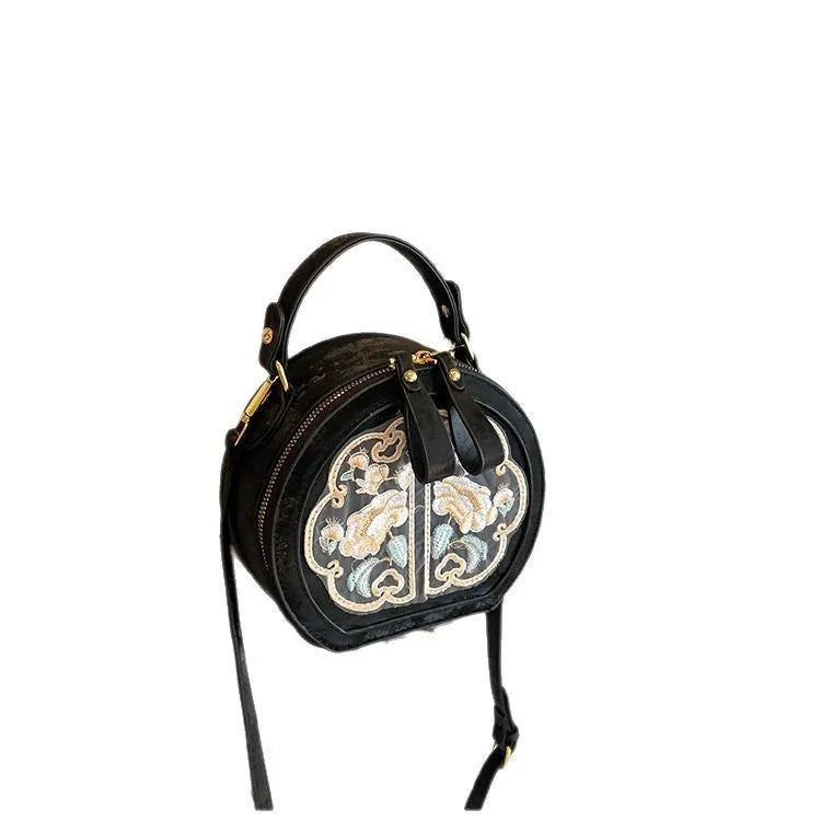 Chinese embroidery handbag in soft PU, horizontal square shape, black, with shoulder strap