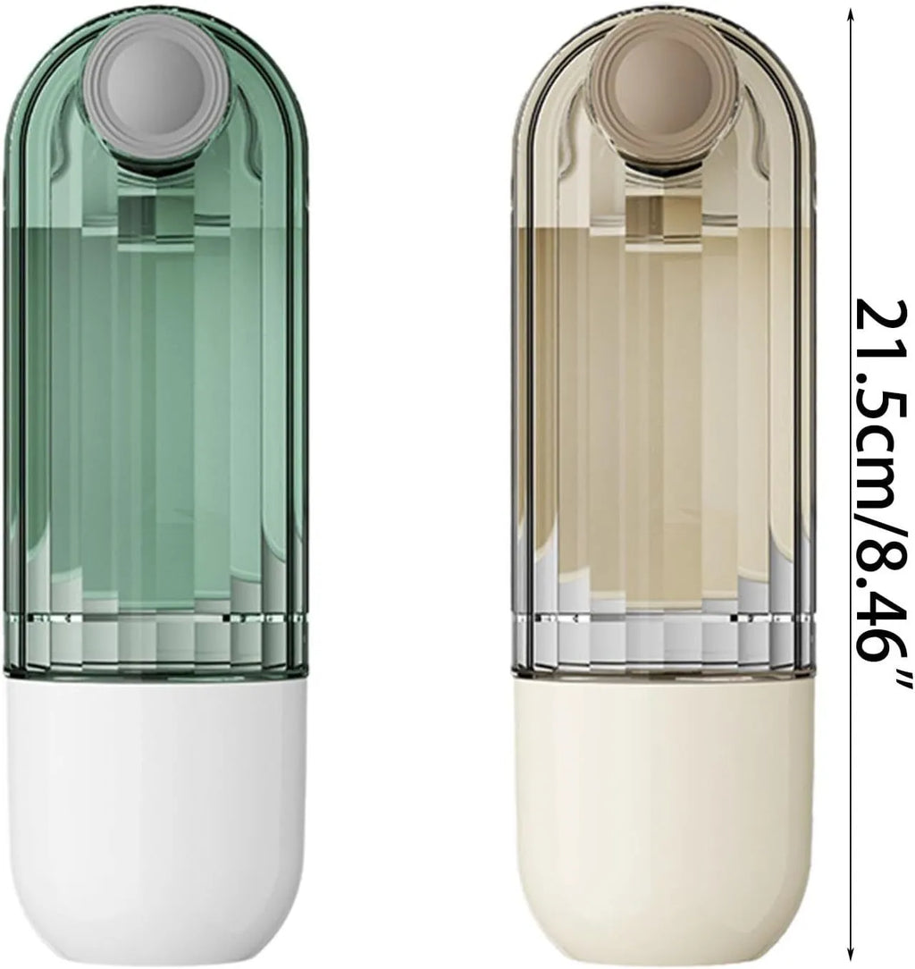 Beige dog water bottle with foldable silicone tray and integrated food dispenser base.