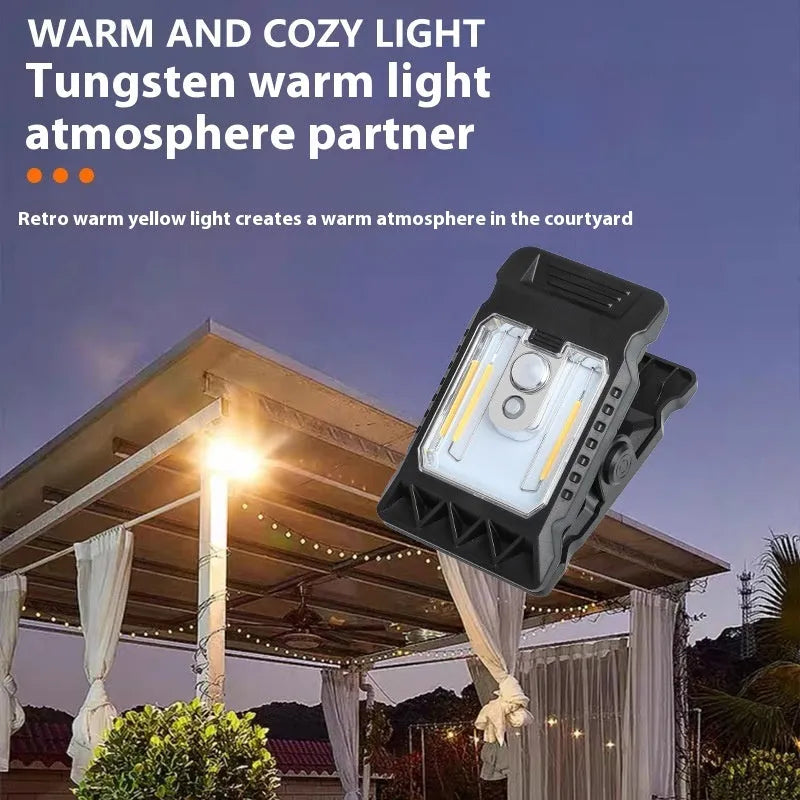 Compact white clip lamp with motion sensor for automatic indoor and outdoor lighting.