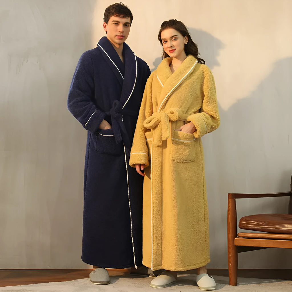 Thick flannel winter bathrobe for couples in multiple colour options like navy blue and cherry yellow.