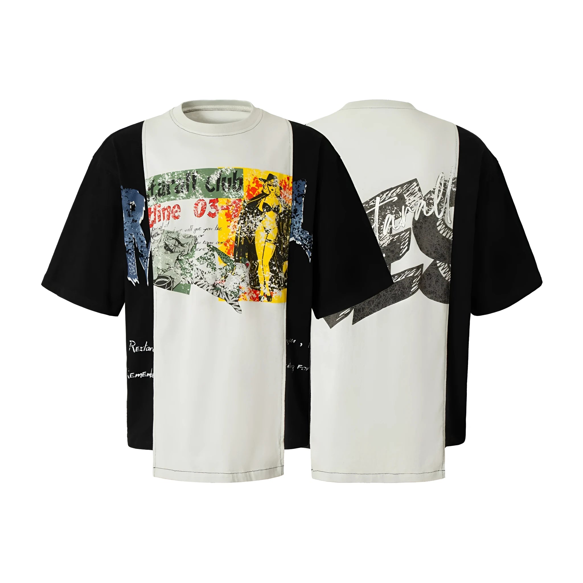 Black and white deconstruction print cotton blend T-shirt with loose fit and short sleeves