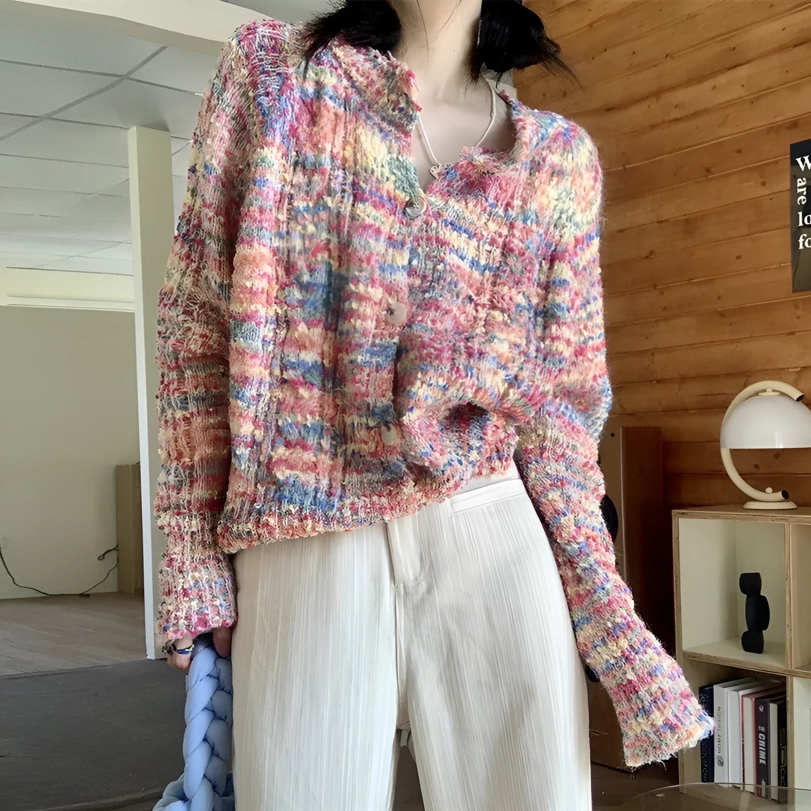 Retro style slim fit knitted cardigan sweater in pink and green colour options