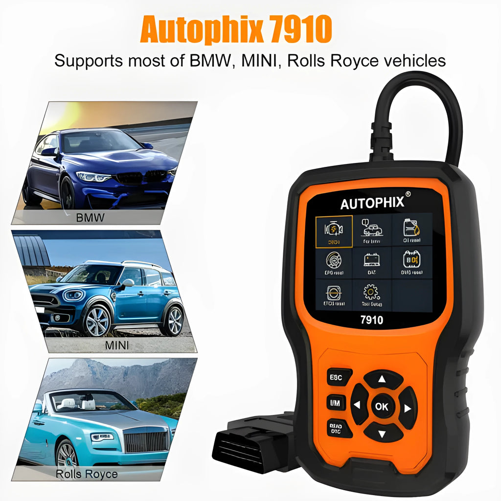 Autophix 7910 BMW OBD2 diagnostic scanner tool on a workshop bench