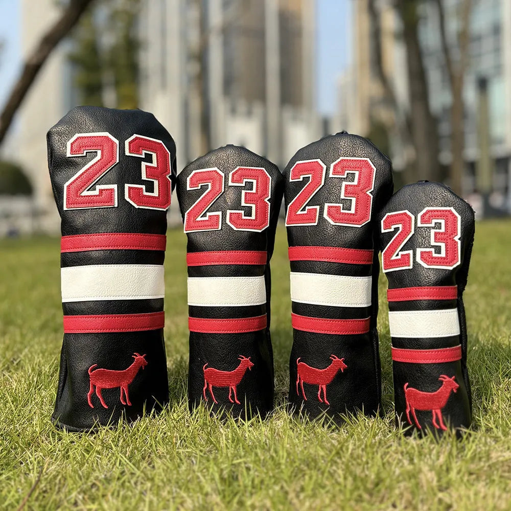Set of four Ram PU golf club headcover sleeves for driver, fairway woods, and utility iron.