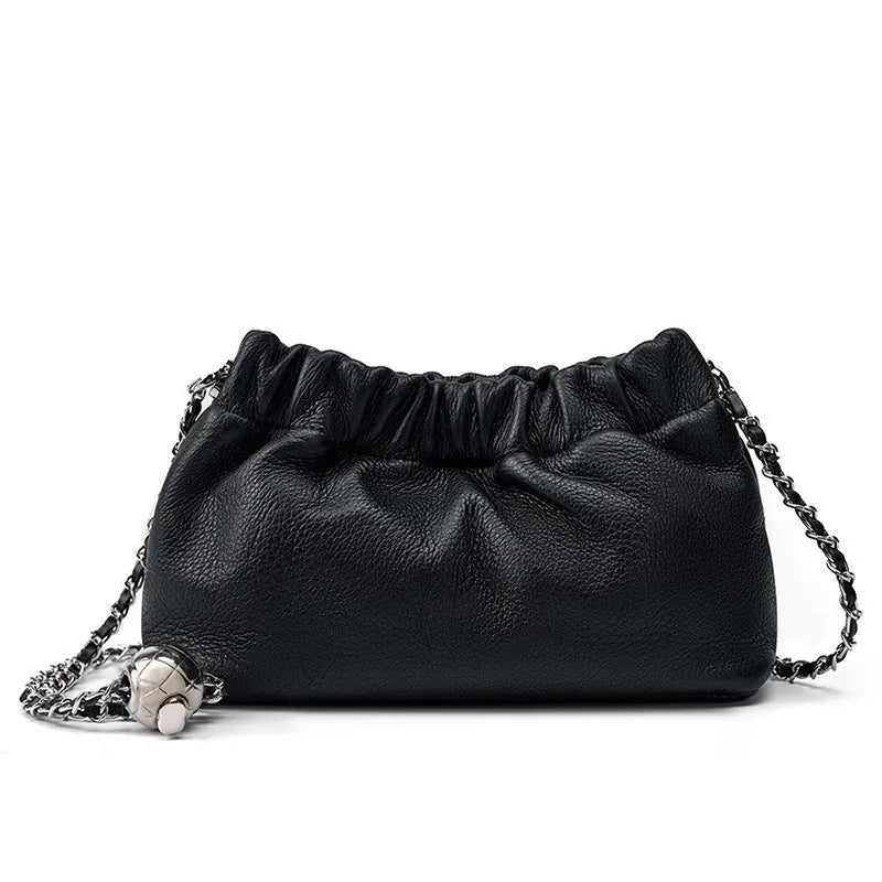 Women's soft leather dumpling-shaped crossbody bag in grey with a single strap